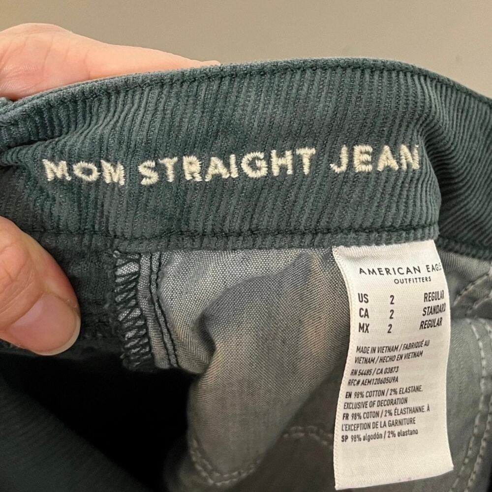 American Eagle Women's Corduroy Mom Straight Jeans Sz 2 Green Stretch High Rise - Picture 7 of 10